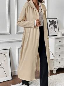 Chiquease 女式卡其色侧袋系带长袖风衣，秋冬款 - 卡其色 - 查看 5