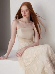 SHEIN Belle Women's Elegant Party Sexy Lace Splicing Multi-Layered Lace Strapless Wedding Dress, Solid Color Elegant Long Gown Women's Wedding Prom A-Line Dress Dress