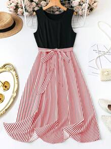 SHEIN LUNE Váy suông không tay kẻ sọc chắp vá thường ngày cỡ lớn mùa hè - Đỏ và trắng - Xem 1