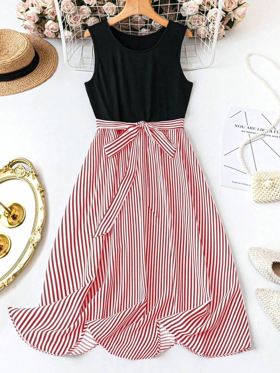 SHEIN LUNE Váy suông không tay kẻ sọc chắp vá thường ngày cỡ lớn mùa hè - Đỏ và trắng - Xem 1
