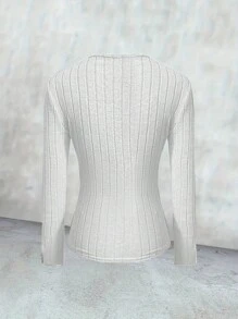 INAWLY Women's Solid V-Neck Long Sleeve Ribbed Button Design Fitted T-Shirt, Spring & Autumn Fall Cloth For Women - White - View 2