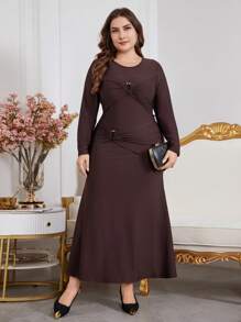 Modelyn Plus Size Brown Curve Elegant Cocktail Long Sleeve Dress,Minimalist Fish Tail Hem A Line Dresses For Evening Party,Wedding Guest,Anniversary Autumn - Brown - View 4
