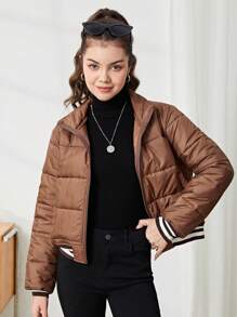 SHEIN Áo khoác đệm ngắn thường ngày màu tương phản cổ đứng có gân màu nâu cho bé gái tuổi teen - màu nâu - Xem 4