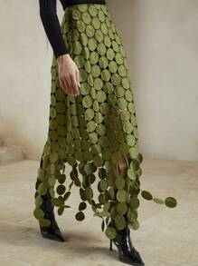 Anewsta Laser Cut Multi Circle Double Layered Skirt Maxi Women Outfit - Olive Green - View 7
