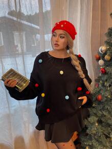 Flirla Pull surdimensionné pour femme d'hiver avec décoration de pompon mignon, vêtements de Noël