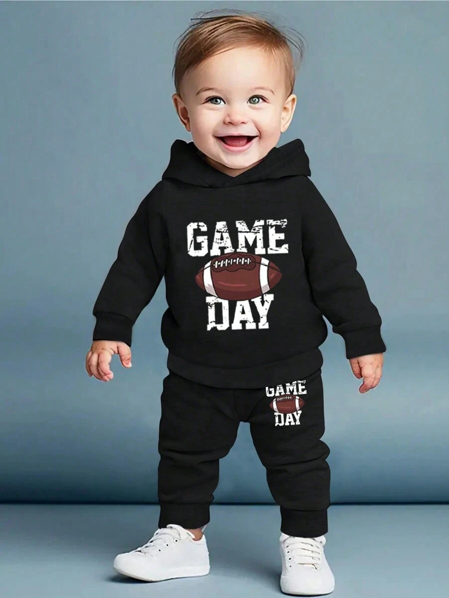 2pcs Baby Boys' Football Letter Print Hooded Sweatshirt And Pants Set, Spring/Fall - Black - View 1