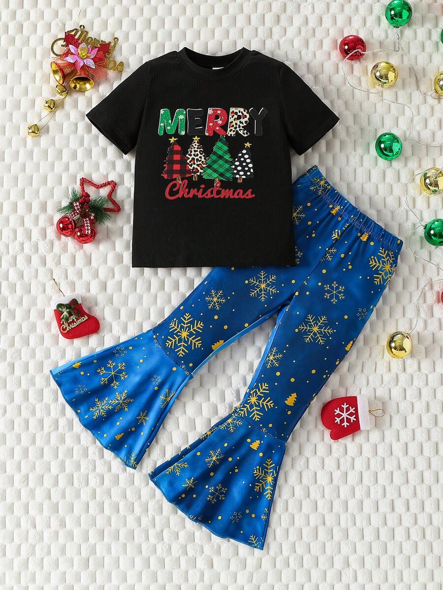 2 件装年轻女孩日常休闲柔软舒适圣诞树字母标语印花短袖条纹 T 恤和雪花印花牛仔效果裤套装，适合日常穿着和圣诞节假期