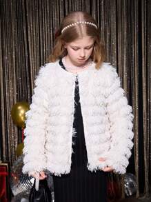 SHEIN 2pcs Tween Girl Fluffy Jacket & Dress Set, For Elegant Party - Black and White - View 6