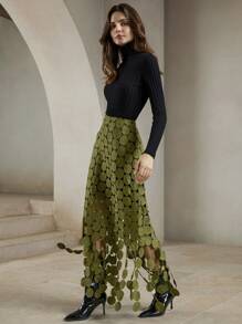 Anewsta Laser Cut Multi Circle Double Layered Skirt Maxi Women Outfit - Olive Green - View 3