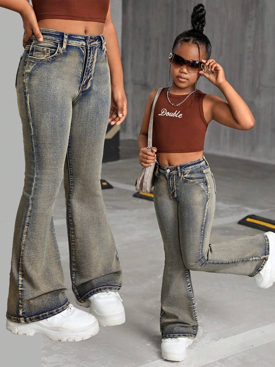 SHEIN Tween Girl Y2K 2000s Retro Stonewashed Vintage Denim Flare Leg Jeans, Fall Back To School Streetwear - Medium Wash - View 1