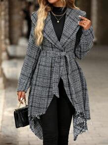SHEIN Clasi Chaqueta con cuello grande a cuadros, dobladillo asimétrico y cinturón para mujer - Gris - Ver 4