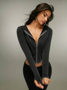SHEIN Unity Women Zipper Hoodie Long Sleeve Casual Sweatshirt - Dark Grey - View 5
