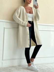 RueChic Women Elegant V Neck Texture Rib Knit Golden Button Detailed Oversize Cardigan - Apricot - View 3