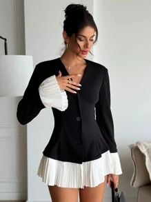 Firerie 女士腰部收紧 A 字形深 V 色块褶皱荷叶边优雅办公室西装外套 - 黑色 - 查看 2