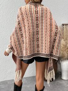 Breezaya Autumn Casual Geometric Pattern Front Cardigan,Long Sleeve Tops - Coffee Brown - View 2