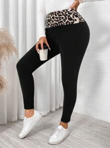 SHEIN LUNE Plus Size Women Leopard Patchwork Fleece Leggings Airport Holiday - Black - View 5