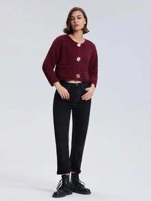 Áo khoác cardigan dệt kim gân cổ tròn màu trơn có túi, áo khoác ngoài dài tay - Màu Đỏ Sâu - Xem 5