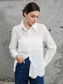 Aveloria Modichic Fashionable Minimalist Commuting Hollow-Out Loose Embroidered Long Sleeve Shirt - White - View 6