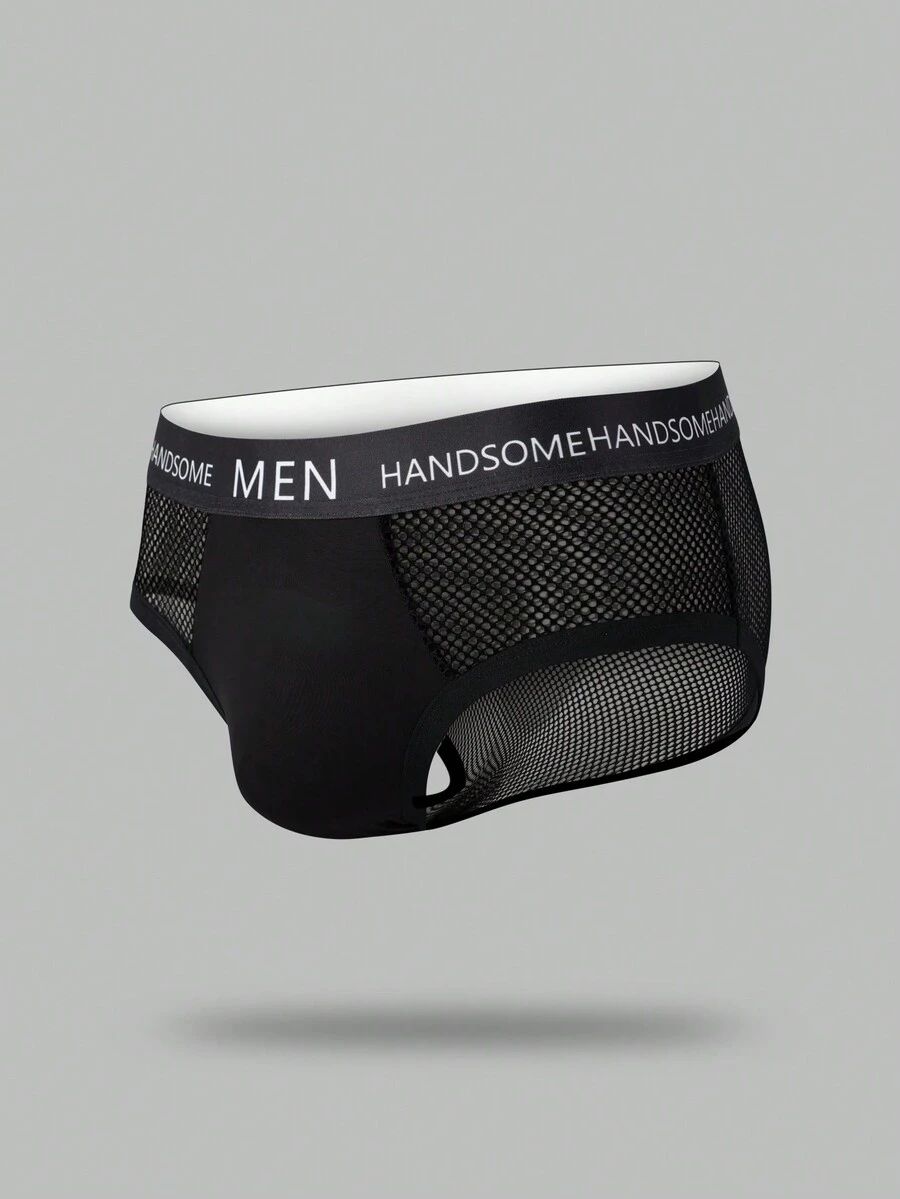 Men's Mesh Contrast Letter Elastic Band Sexy Underwear - Black - View 1