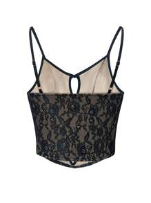 Zolique 性感黑色蕾丝前镂空吊带背心，夏季秋季女式紧身上衣 - 黑色 - 查看 2