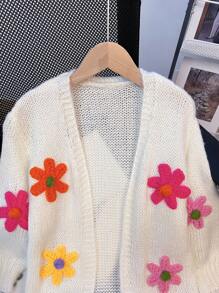 Young Girl Fall/Winter Clothes Young Girl Ditsy 3D Floral Loose Knit Cardigan Long Sweater,Autumn/Winter,Great For Casual & Daily Wear & School .Christmas Gifts