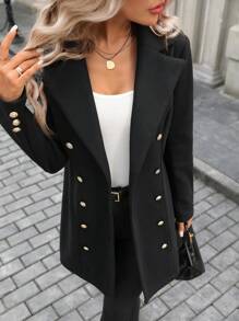 SHEIN LUNE Office Wear Winter Women Coat,Long Wool Artificial Wool Elegant Blend Coat Slim Female Long Coat Black Outerwear Pea Coat - Black - View 1
