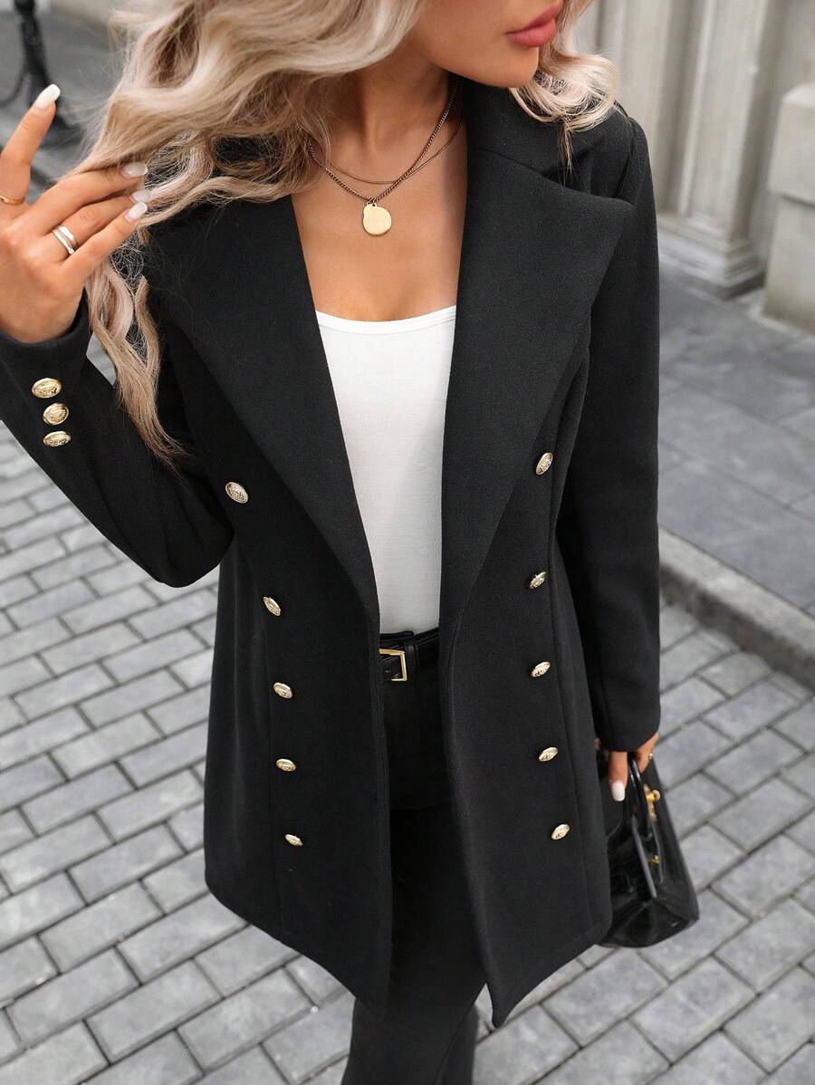 SHEIN LUNE Office Wear Winter Women Coat,Long Wool Artificial Wool Elegant Blend Coat Slim Female Long Coat Black Outerwear Pea Coat - Black - View 1