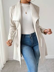 SHEIN Raffinéa Faux Deer Suede Solid Color Elegant Drawstring Long Sleeve Jacket Fall Winter Cloth For Women - Apricot - View 3