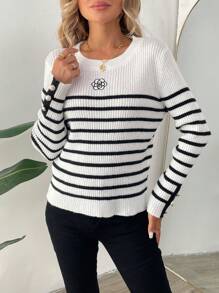 Chiquease New Autumn Long Sleeve Embroidered Black And White Striped Knitted Sweater, Fall Winter - Black and White - View 6