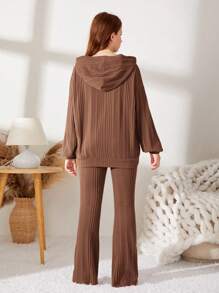 SHEIN 2 件青少年女孩罗纹针织连帽衫和喇叭裤休闲套装