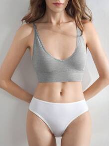 Women's Light Grey Plain Knitted Fabric Casual Medium Stretch Bralette Backless V-Neck Bralette - Light Grey - View 6