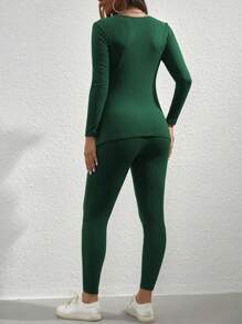 SHEIN 2 piezas Conjunto de leggings y top de manga larga de punto acanalado de unicolor para maternidad - Verde Oscuro - Ver 2