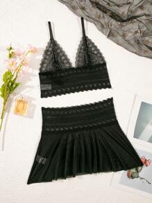Bộ 2 chiếc/Bộ đồ lót ren lưới gợi cảm không dây cho nữ khi đi chơi, phong cách Baddie - màu đen - Xem 5
