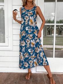 EMERY ROSE 女式复古花卉图案印花长款休闲夏季连衣裙 - 霧霾藍 - 查看 5