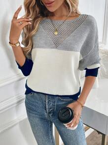 Chiquease Suéter casual de cuello redondo a bloques de color de manga larga para mujer