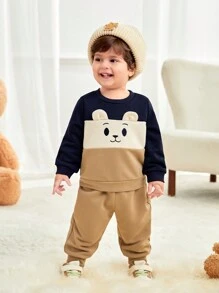 SHEIN Bộ 2 quần áo liền quần in họa tiết tai dễ thương thoải mái cho bé trai/bé gái, phù hợp mặc hàng ngày, mặc ở nhà, đi chơi, tiệc mừng em bé - Cà phê nâu - Xem 5