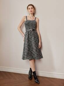 MOTF PREMIUM 混色印花 RINGER SLIP MIDI 连衣裙（无腰带） - 黑色 - 查看 7