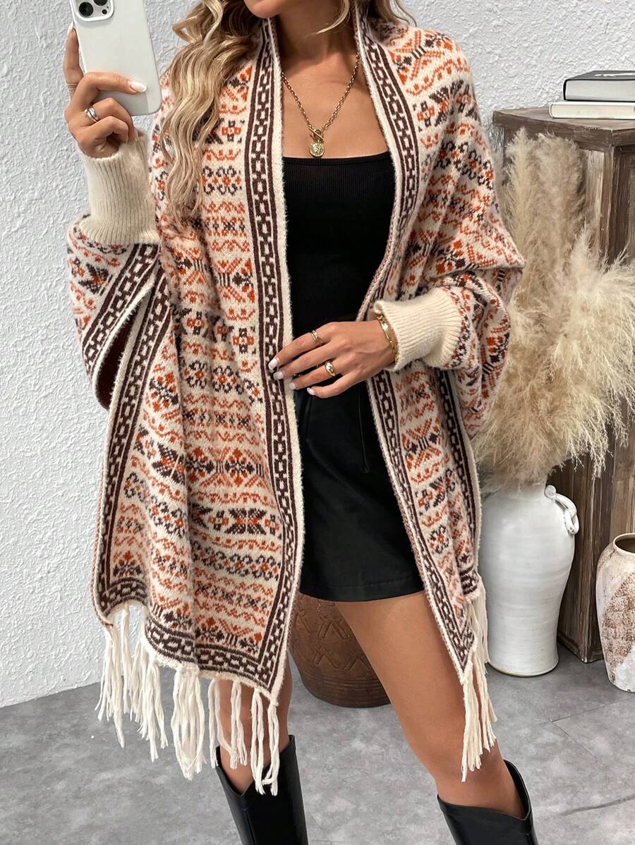 Breezaya Autumn Casual Geometric Pattern Front Cardigan,Long Sleeve Tops - Coffee Brown - View 1