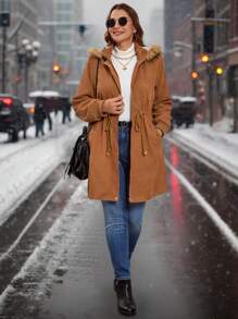SHEIN Clasi Plus Size Solid Color Hooded Drawstring Pocket Long Sleeve Jacket, Autumn/Winter Clothes
Curve Size Women's Long Sleeve Drawstring Waist Hooded Casual Loose Jacket, Fall/Winter, Fleece Jacket, Winter Women Coat Winter Clothes