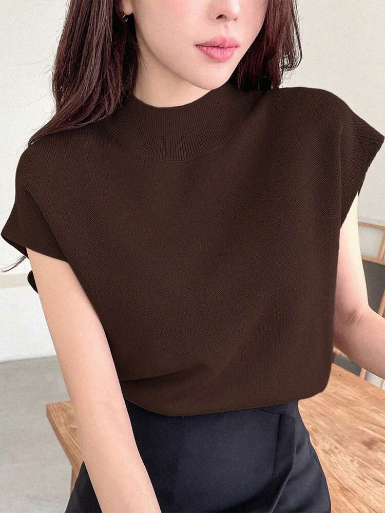 Solid Color Stand Collar Elegant Cap Sleeve Knitted Top,Fall Clothes