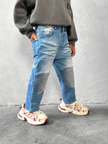 SHEIN Pantalones vaqueros ajustados de mezclilla con detalles bordados en la rodilla y cintura elástica, estilo urbano para niño joven