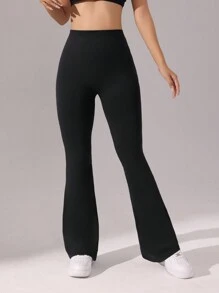 SHEIN Sports Quần thể thao thường ngày loe cạp bất đối xứng màu trơn cho nữ - màu đen - Xem 4