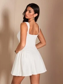 SHEIN BAE 女士白色可爱甜美优雅无袖露肩纯色荷叶边 A 字裙，适合舞会、生日派对、节日 - 白色 - 查看 2