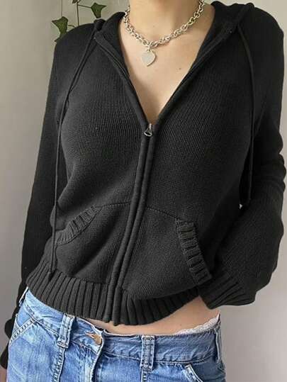 INAWLY 女式纯色前拉链长袖休闲连帽开衫，秋冬