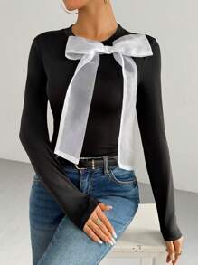 Chiquease Women's Long Sleeve Slim Fit T-Shirt With Bow Decoration, Spring & Autumn