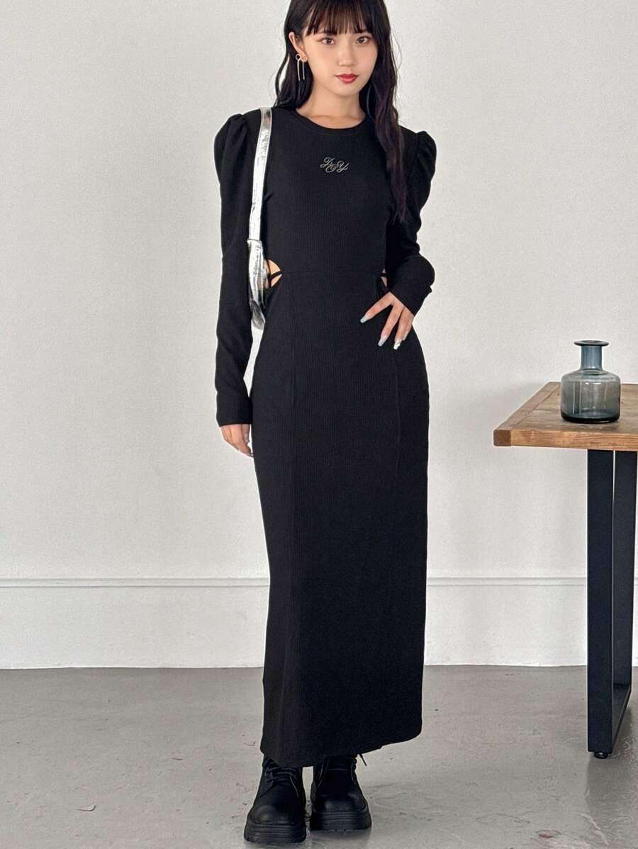 FRIFUL Váy xòe tay bồng in chữ thời trang xuân thu cho nữ - màu đen - Xem 1