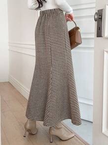 DAZY 女士优雅千鸟格长款A字裙 - 咖啡棕 - 查看 6