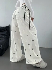 POPSWAY Quần ống rộng thắt nơ thêu ren thoải mái cho nữ - Màu be - Xem 3