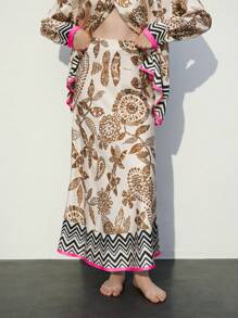 Maija 2-częściowy damski swobodny zestaw bluzki i spódnicy z nadrukiem roślinnym, jesień