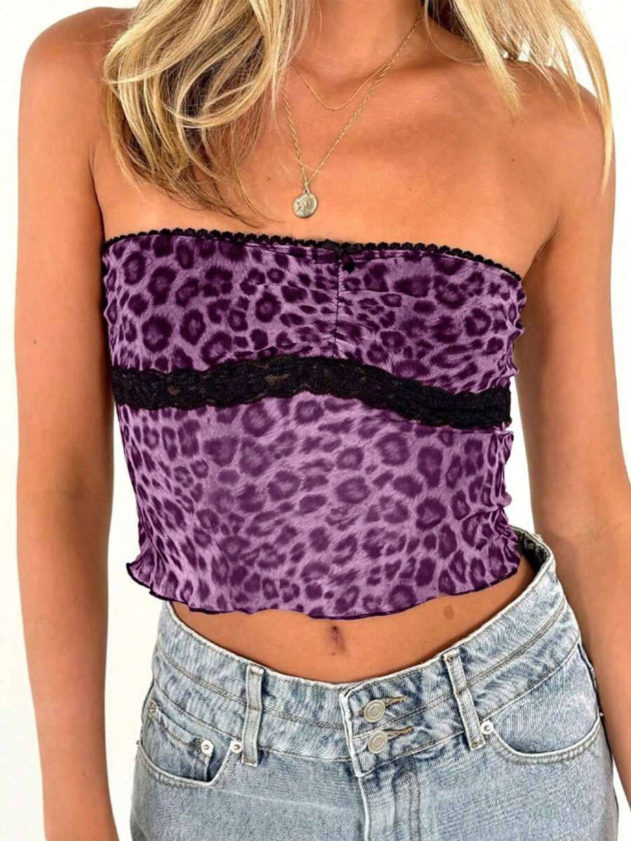 INAWLY Women Sexy Leopard Lace Sheer Printed Blouse - Purple - View 1